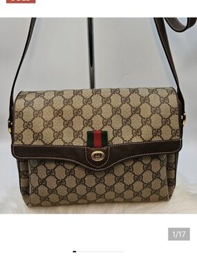 Gucci Brown Leather Monogram Bag with Green-Red Web Stripe